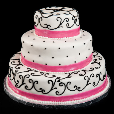 https://www.cremedelacakes.ca - 3-tier Wedding Cake with Fondant Bands and Black Swirls